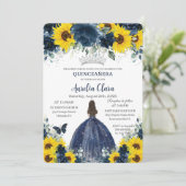 Quinceañera Sunflower Navy BlumenPrinzessin Einladung (Stehend Vorderseite)
