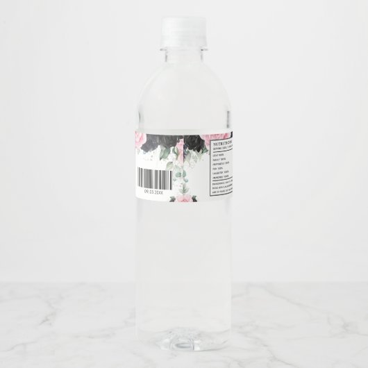 Quinceañera Sweet 16 Birthday Black Pink Floral Wasserflaschenetikett (Rückseite)