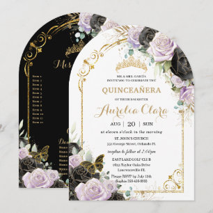 Quinceañera Sweet 16 Black Lila Floral Gold Arch Einladung