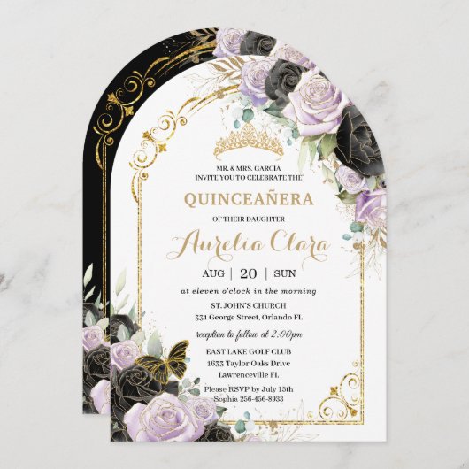 Quinceañera Sweet 16 Black Lila Floral Gold Arch Einladung (Vorne/Hinten)