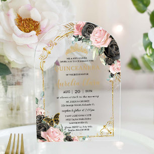 Quinceañera Sweet 16 Black Pink Floral Gold Arch Acryleinladungen