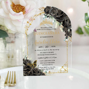 Quinceañera Sweet 16 Black Rose Floral Gold Arch Acryleinladungen
