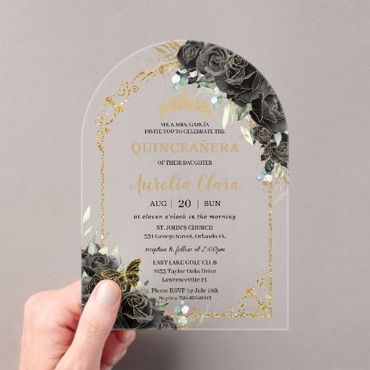Quinceañera Sweet 16 Black Rose Floral Gold Arch Acryleinladungen (Insitu (Handheld))