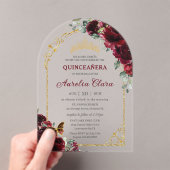 Quinceañera Sweet 16 Burgundy Floral Gold Arch Acryleinladungen (Insitu (Handheld))