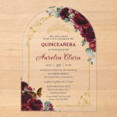 Quinceañera Sweet 16 Burgundy Floral Gold Arch Acryleinladungen (Vorderseite)