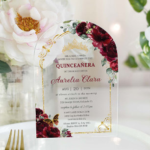 Quinceañera Sweet 16 Burgundy Floral Gold Arch Acryleinladungen