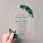 Quinceañera Sweet 16 Emerald Green Floral Gold Acryleinladungen (Insitu (Handheld))