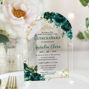 Quinceañera Sweet 16 Emerald Green Floral Gold Acryleinladungen