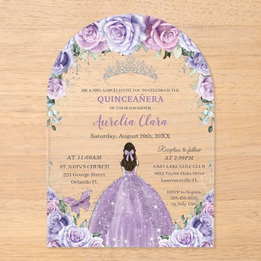 Quinceañera Sweet 16 Lila Lilac Floral Gown Arch Acryleinladungen (Vorderseite)