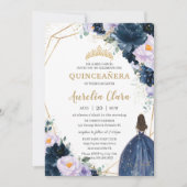 Quinceañera Sweet 16 Lila Lilac Navy Blauer Flora Einladung (Vorderseite)