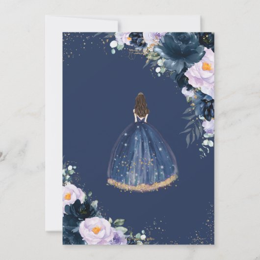 Quinceañera Sweet 16 Lila Lilac Navy Blauer Flora Einladung (Rückseite)