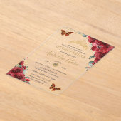 Quinceañera Sweet 16 Red Floral Gold Schmetterling Acryleinladungen (Ablage )