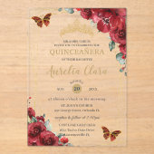 Quinceañera Sweet 16 Red Floral Gold Schmetterling Acryleinladungen (Vorderseite)