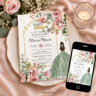 Quinceañera Sweet 16 Rosé Floral Salbei Grün Einladung