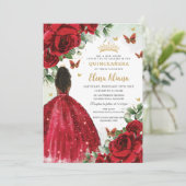 Quinceañera Sweet 16 Rote Rosen Blume Brown Girl Einladung (Stehend Vorderseite)