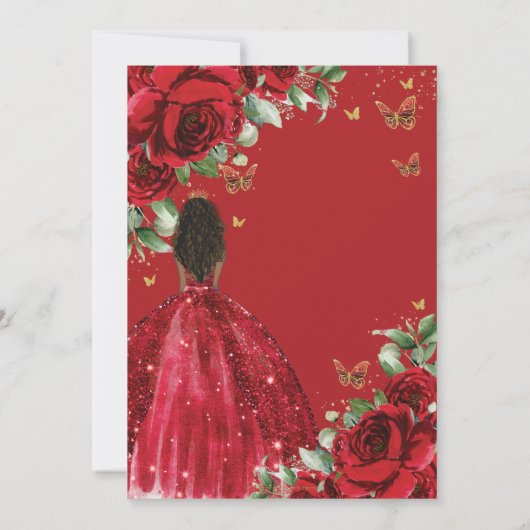 Quinceañera Sweet 16 Rote Rosen Blume Brown Girl Einladung (Rückseite)