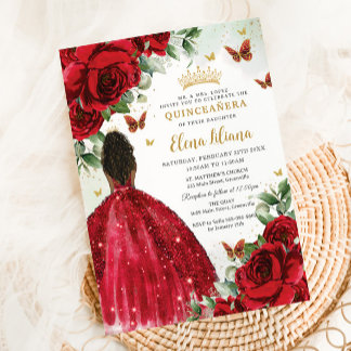 Quinceañera Sweet 16 Rote Rosen Blume Brown Girl Einladung