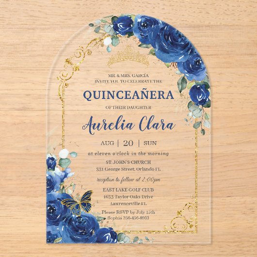 Quinceañera Sweet 16 Royal Blue Floral Arch Acryleinladungen (Vorderseite)