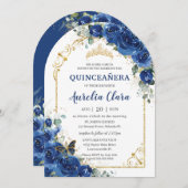 Quinceañera Sweet 16 Royal Blue Floral Arch Einladung (Vorne/Hinten)