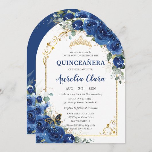 Quinceañera Sweet 16 Royal Blue Floral Arch Einladung (Vorne/Hinten)