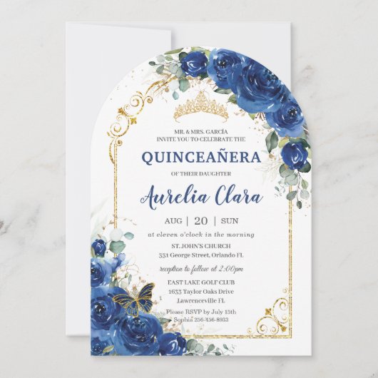 Quinceañera Sweet 16 Royal Blue Floral Arch Einladung (Vorderseite)