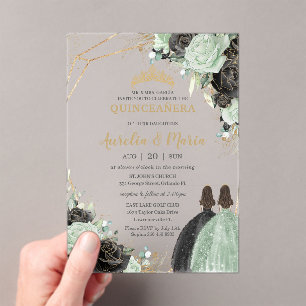 Quinceañera Sweet 16 Sage Green Black Floral Twins Acryleinladungen