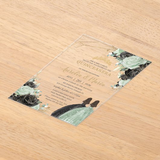 Quinceañera Sweet 16 Sage Green Black Floral Twins Acryleinladungen (Ablage )
