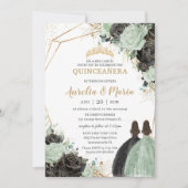 Quinceañera Sweet 16 Sage Green Black Floral Twins Einladung (Vorderseite)
