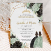 Quinceañera Sweet 16 Sage Green Black Floral Twins Einladung