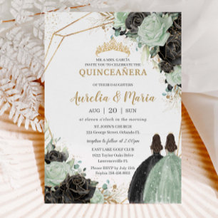Quinceañera Sweet 16 Sage Green Black Floral Twins Einladung
