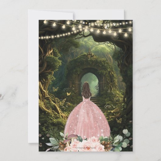 Quinceañera Sweet 16 Verzauberter Wald Blush Blora Einladung (Rückseite)