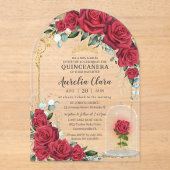 Quinceañera Sweet 16 XV Verzauberte Rote Rosen Acryleinladungen (Vorderseite)
