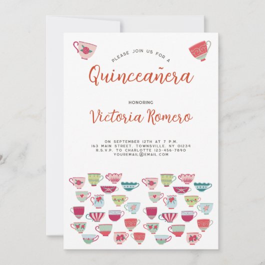 Quinceañera Tea Cup Party Einladung (Vorderseite)