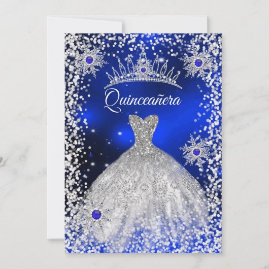 Quinceanera Tiara Kleidung Blauer Winter Schneeflo Einladung (Vorderseite)