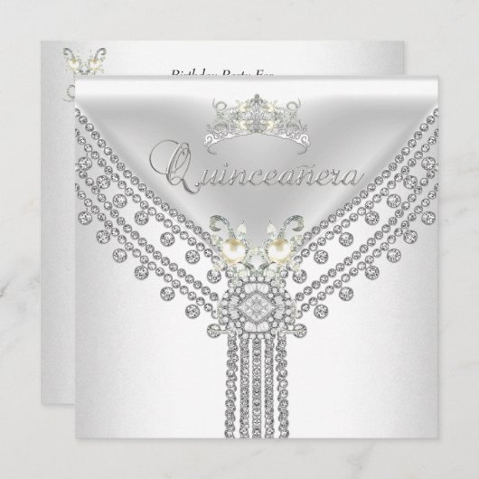 Quinceañera Tiara White Diamond Pearl Einladung (Vorne/Hinten)