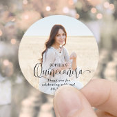 Quinceañera Trendy Black Script & Foto Vielen Dank Runder Aufkleber