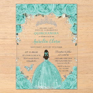 Quinceañera Türkis Blau Blumen Silber Prinzessin Acryleinladungen