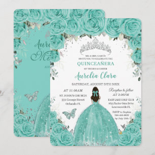 Quinceañera Türkis Blau Blumen Silber Prinzessin Einladung