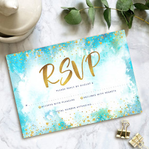 Quinceañera Türkis Blau Goldfolie Wasserfarbe RSVP Karte