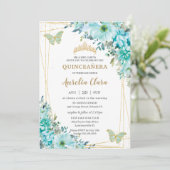 Quinceañera Türkis Blue Floral Gold Schmetterlinge Einladung (Stehend Vorderseite)