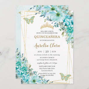 Quinceañera Türkis Blue Floral Gold Schmetterlinge Einladung