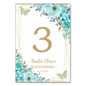 Quinceañera Türkis Blue Floral Gold Schmetterlinge Tischnummer (Vorderseite)