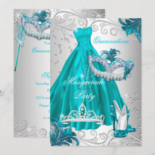 Quinceanera Türkis-Maske Silbernes Kleid Masquerad Einladung