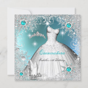 Quinceanera Türkis Perlen Silber Winter Schneefloc Einladung
