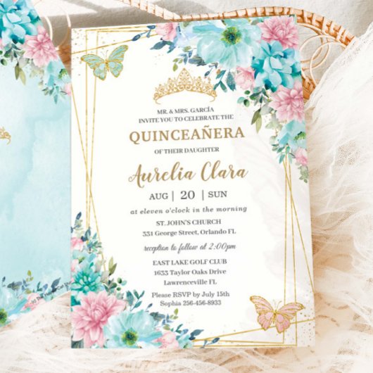 Quinceañera Türkis Pink Floral Gold Schmetterlinge Einladung