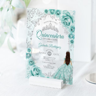 Quinceanera Türkis Silber Blumen Acryleinladungen