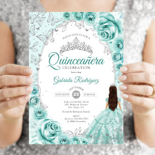 Quinceanera Türkis Silber Blumen Einladung