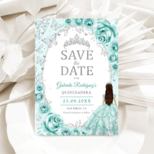 Quinceanera Türkis Silber Blumen Save The Date