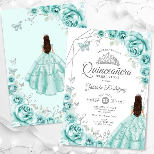 Quinceanera Türkis Silver Dress Floral Einladung