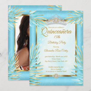 Quinceanera Türkis Tiara Gold Foto Geburtstagsfeie Einladung